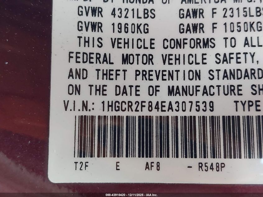 2014 Honda Accord Ex-L VIN: 1HGCR2F84EA307539 Lot: 43910420