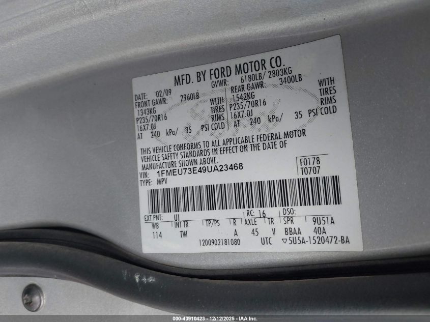 2009 Ford Explorer Xlt VIN: 1FMEU73E49UA23468 Lot: 43910423
