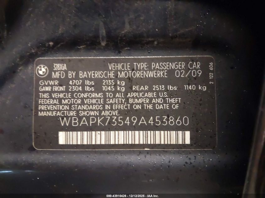 2009 BMW 328I xDrive VIN: WBAPK73549A453860 Lot: 43910426