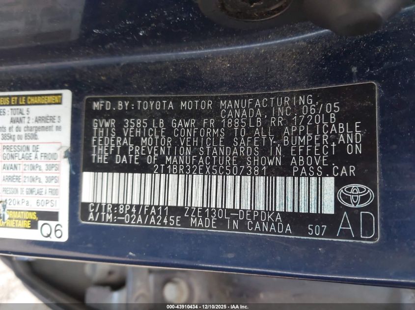 2005 Toyota Corolla Ce VIN: 2T1BR32EX5C507381 Lot: 43910434