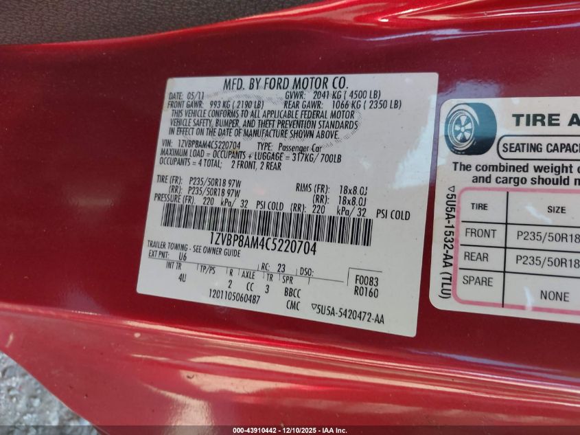 2012 Ford Mustang V6 Premium VIN: 1ZVBP8AM4C5220704 Lot: 43910442