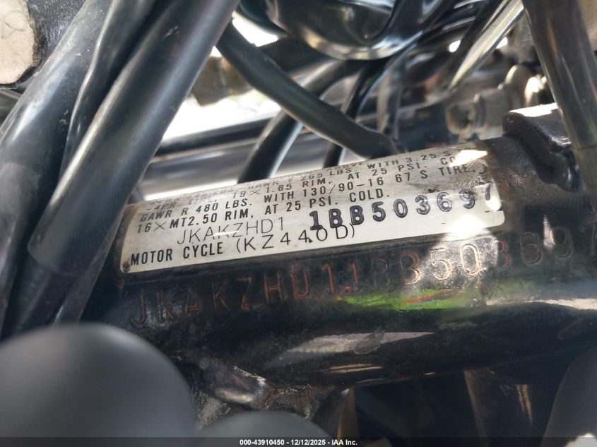 1981 Kawasaki Kz440 D VIN: JKAKZHD11BB503697 Lot: 43910450