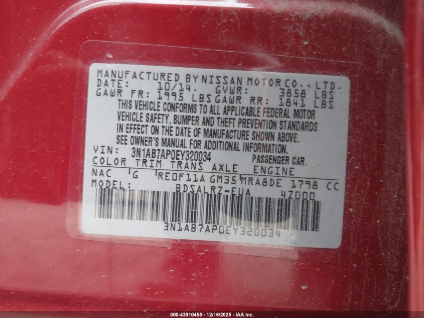 2014 Nissan Sentra Sr VIN: 3N1AB7AP0EY320034 Lot: 43910455