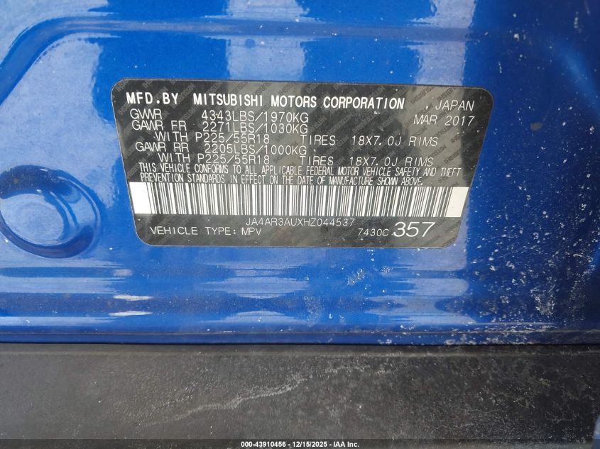 2017 Mitsubishi Outlander Sport 2.0 Es/2.0 Le VIN: JA4AR3AUXHZ044537 Lot: 43910456