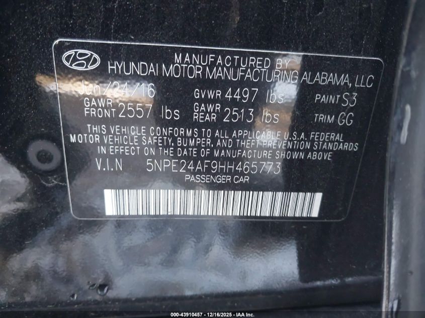 2017 Hyundai Sonata Se VIN: 5NPE24AF9HH465773 Lot: 43910457