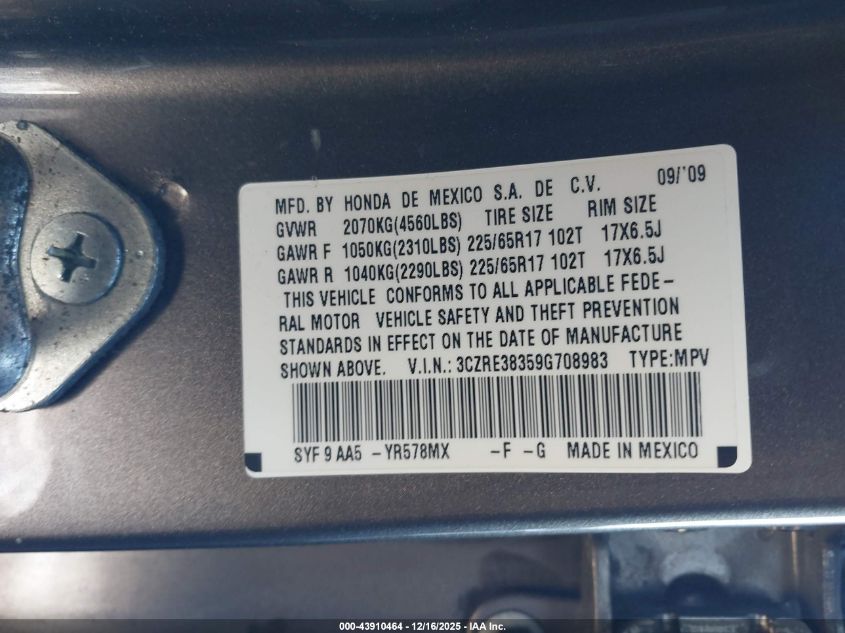 2009 Honda Cr-V Lx VIN: 3CZRE38359G708983 Lot: 43910464