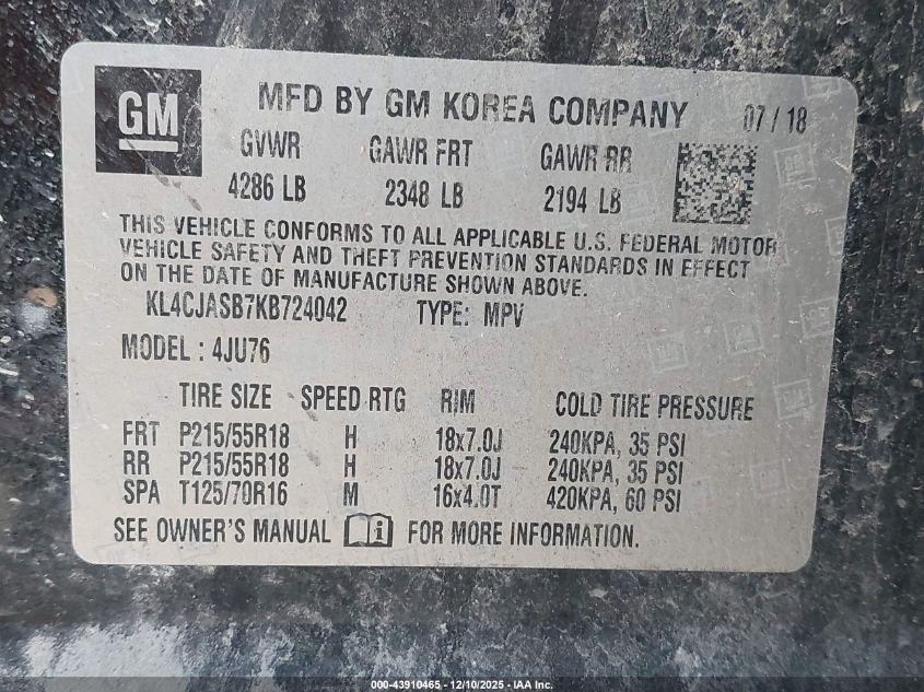 2019 Buick Encore Fwd Preferred VIN: KL4CJASB7KB724042 Lot: 43910465