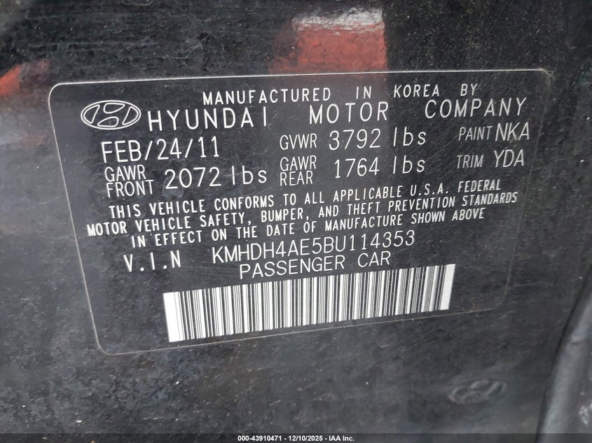 KMHDH4AE5BU114353 2011 HYUNDAI ELANTRA photo no. 9