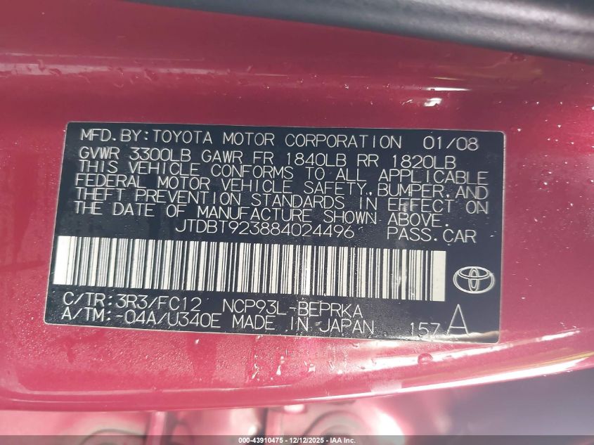 2008 Toyota Yaris VIN: JTDBT923884024496 Lot: 43910475