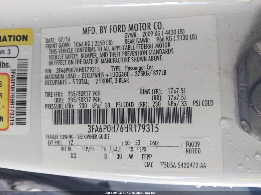 2017 Ford Fusion Se VIN: 3FA6P0H76HR179315 Lot: 43910476