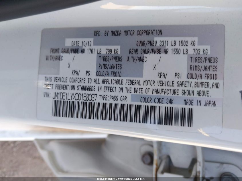 2013 Mazda Mazda2 Touring VIN: JM1DE1LYXD0158037 Lot: 43910479