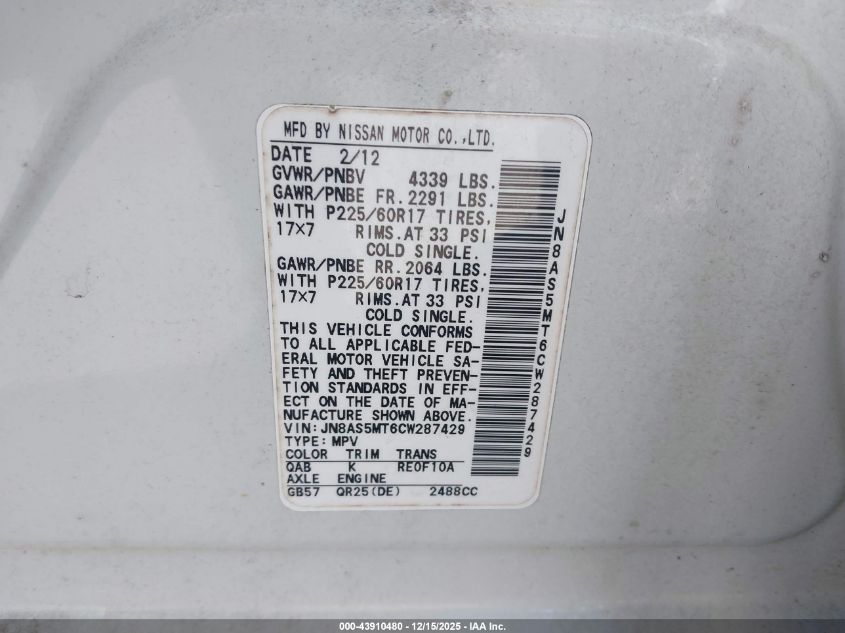 2012 Nissan Rogue Sv VIN: JN8AS5MT6CW287429 Lot: 43910480