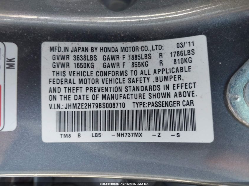 2011 Honda Insight Ex VIN: JHMZE2H79BS008710 Lot: 43910486