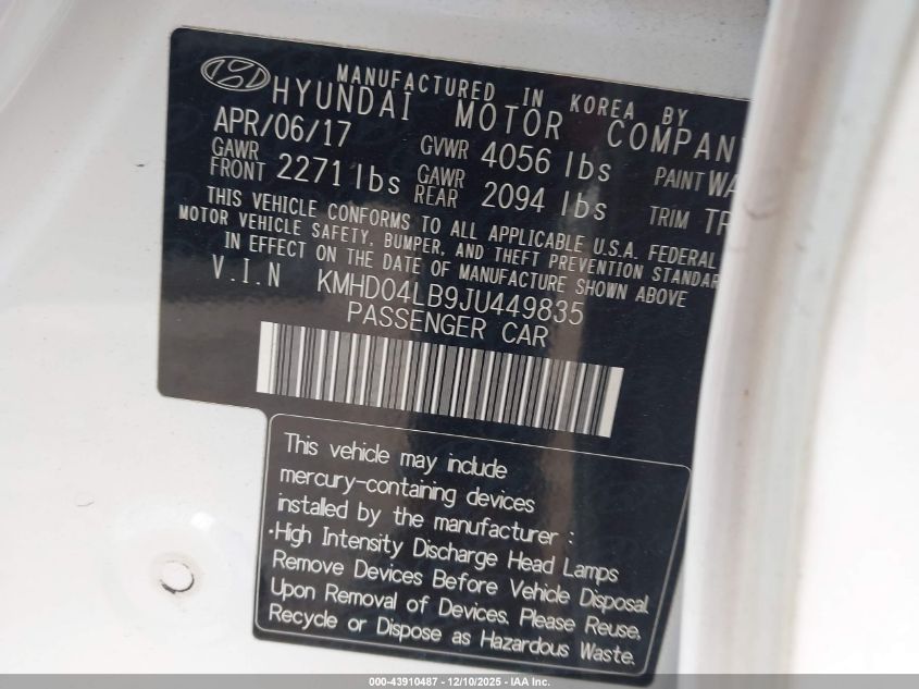 2018 Hyundai Elantra Sport VIN: KMHD04LB9JU449835 Lot: 43910487