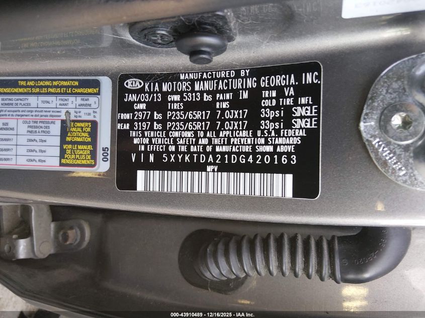2013 Kia Sorento Lx V6 VIN: 5XYKTDA21DG420163 Lot: 43910489