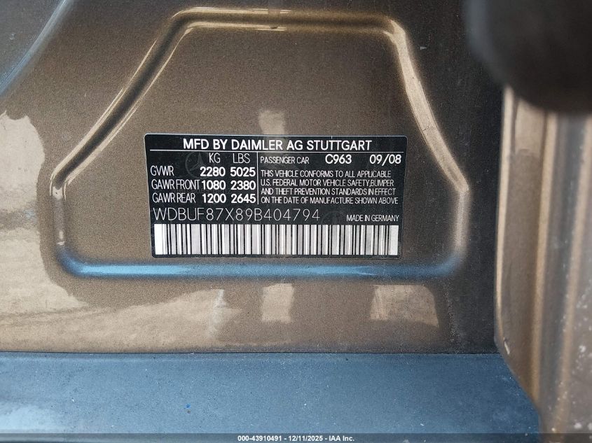 2009 Mercedes-Benz E 350 4Matic VIN: WDBUF87X89B404794 Lot: 43910491