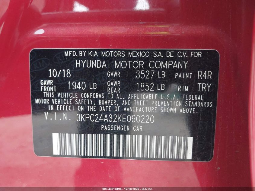2019 Hyundai Accent Se VIN: 3KPC24A32KE060220 Lot: 43910494
