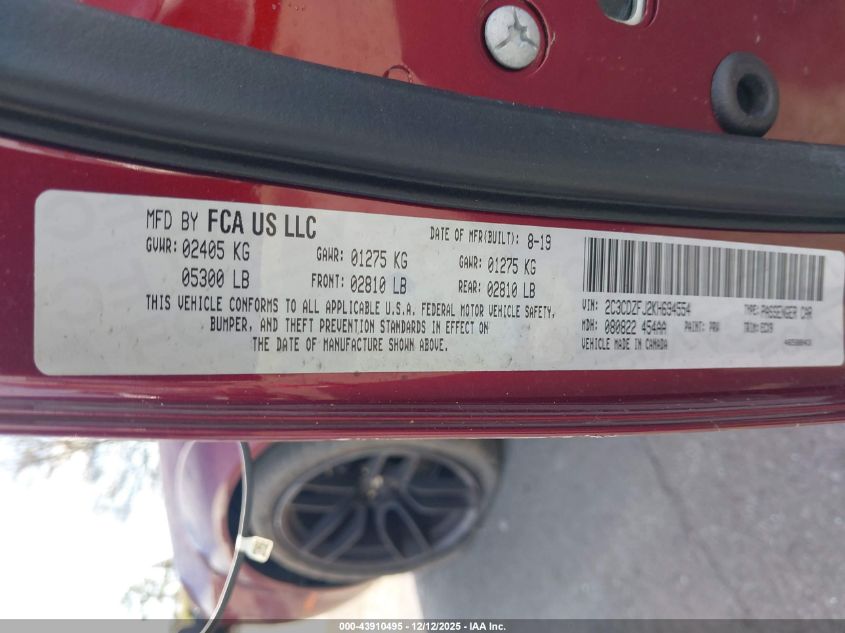 2019 Dodge Challenger R/T Scat Pack Widebody VIN: 2C3CDZFJ2KH694554 Lot: 43910495