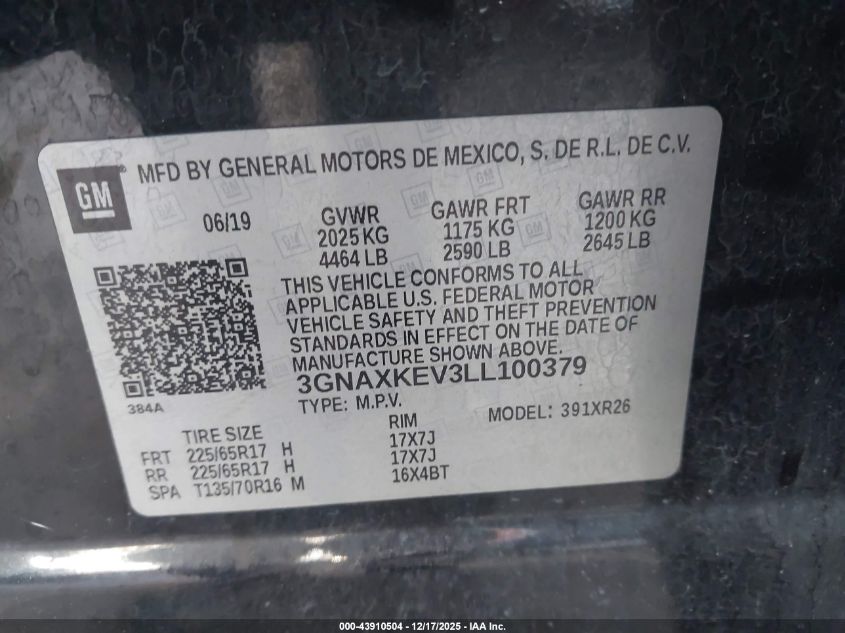 2020 Chevrolet Equinox Fwd Lt 1.5L Turbo VIN: 3GNAXKEV3LL100379 Lot: 43910504