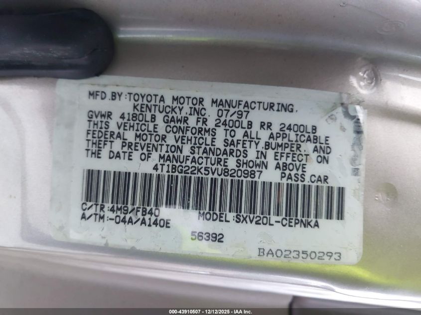 1997 Toyota Camry Le VIN: 4T1BG22K5VU820987 Lot: 43910507