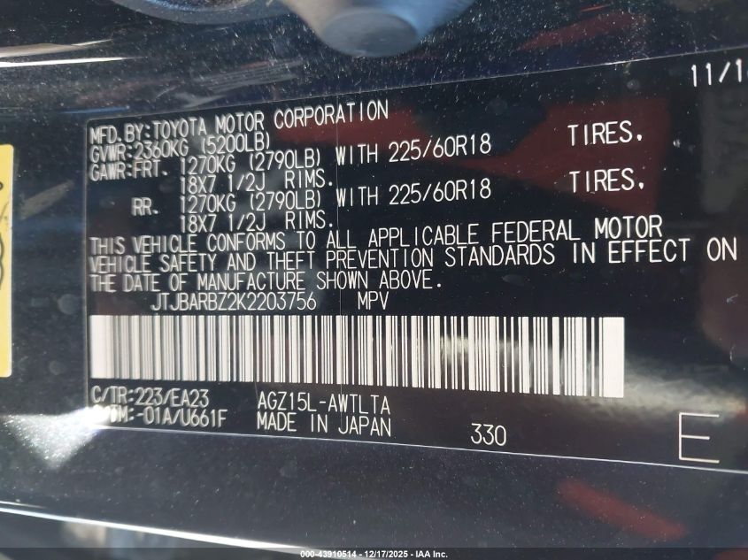 2019 Lexus Nx 300 VIN: JTJBARBZ2K2203756 Lot: 43910514