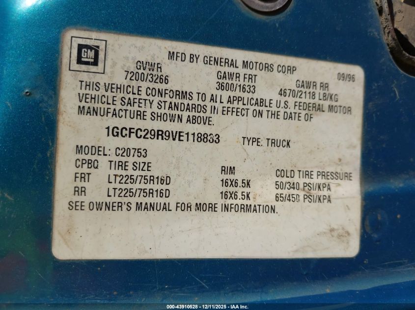 1997 Chevrolet C2500 Fleetside VIN: 1GCFC29R9VE118833 Lot: 43910528