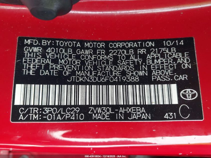 2015 Toyota Prius Persona Series Special Edition VIN: JTDKN3DU6F0419388 Lot: 43910534