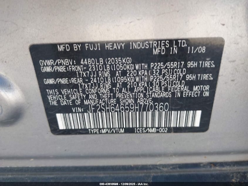 2009 Subaru Forester 2.5X Limited VIN: JF2SH64659H770360 Lot: 43910546