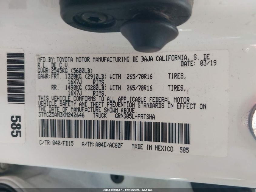 2019 Toyota Tacoma Trd Off Road VIN: 3TMCZ5AN3KM242646 Lot: 43910547