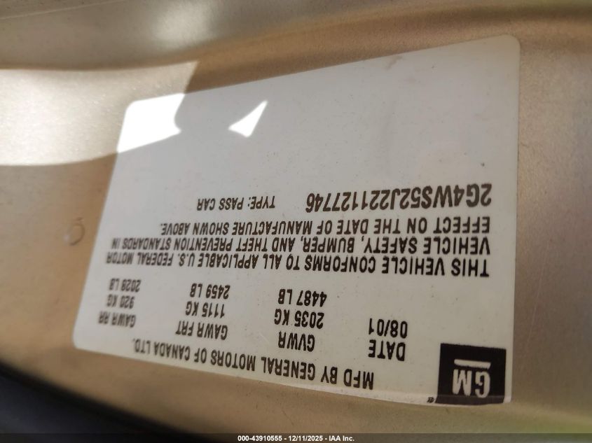 2002 Buick Century Custom VIN: 2G4WS52J221127746 Lot: 43910555