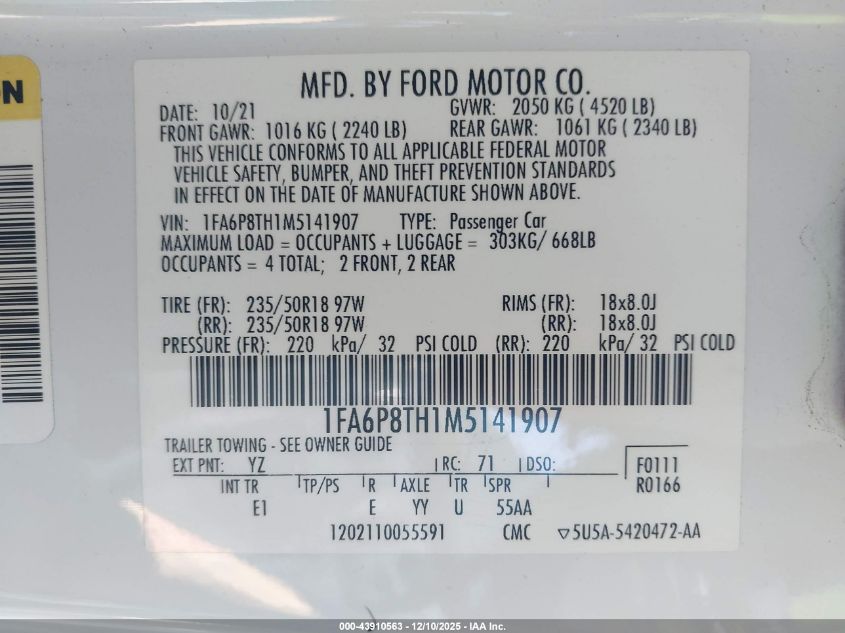2021 Ford Mustang Ecoboost Premium Fastback VIN: 1FA6P8TH1M5141907 Lot: 43910563