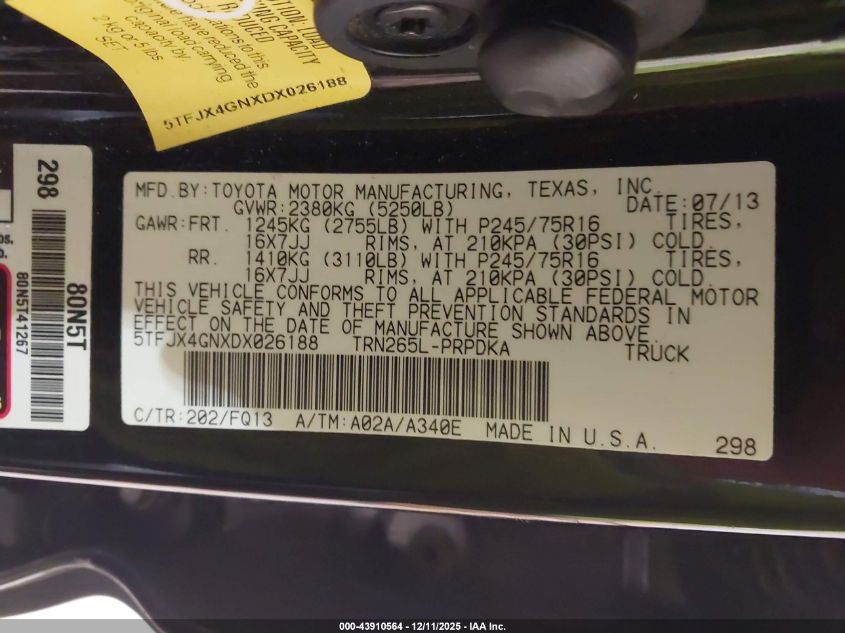 2013 Toyota Tacoma Prerunner VIN: 5TFJX4GNXDX026188 Lot: 43910564