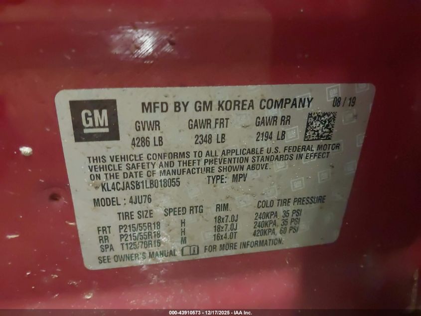 2020 Buick Encore Fwd Preferred VIN: KL4CJASB1LB018055 Lot: 43910573