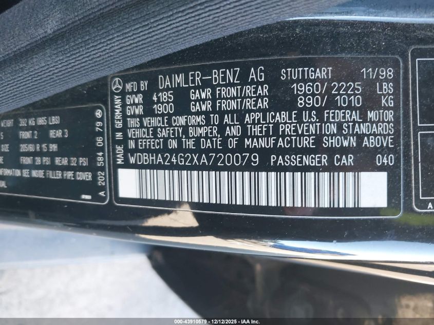 1999 Mercedes-Benz C 230 Kompressor VIN: WDBHA24G2XA720079 Lot: 43910579