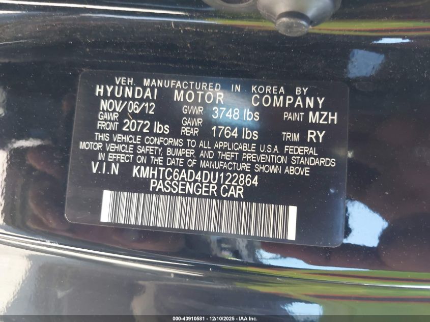 2013 Hyundai Veloster Base W/Gray VIN: KMHTC6AD4DU122864 Lot: 43910581