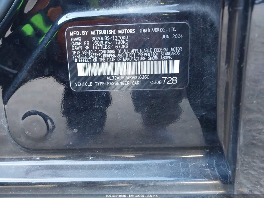 2024 Mitsubishi Mirage Es/Le VIN: ML32AUHJ4RH016360 Lot: 43910586