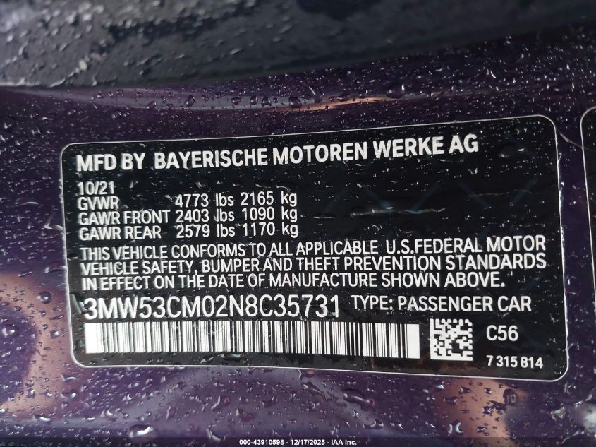 2022 BMW M240 I xDrive VIN: 3MW53CM02N8C35731 Lot: 43910598