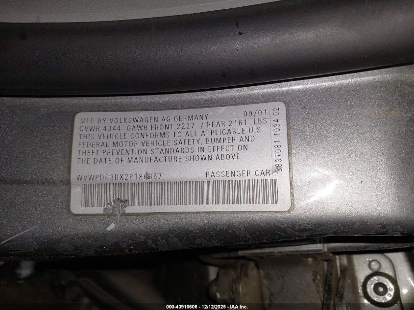 2002 Volkswagen Passat Gls VIN: WVWPD63BX2P186367 Lot: 43910606