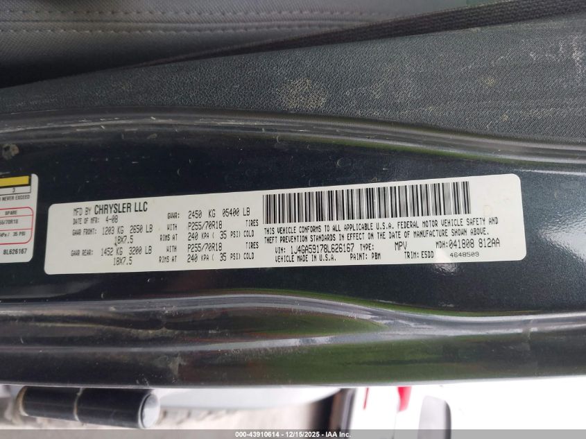 2008 Jeep Wrangler Unlimited Sahara VIN: 1J4GA59178L626167 Lot: 43910614