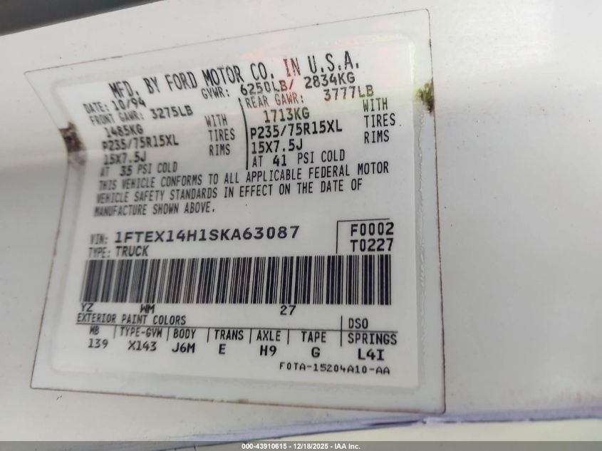 1995 Ford F150 VIN: 1FTEX14H1SKA63087 Lot: 43910615