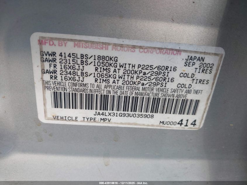 2003 Mitsubishi Outlander Ls VIN: JA4LX31G93U035908 Lot: 43910616