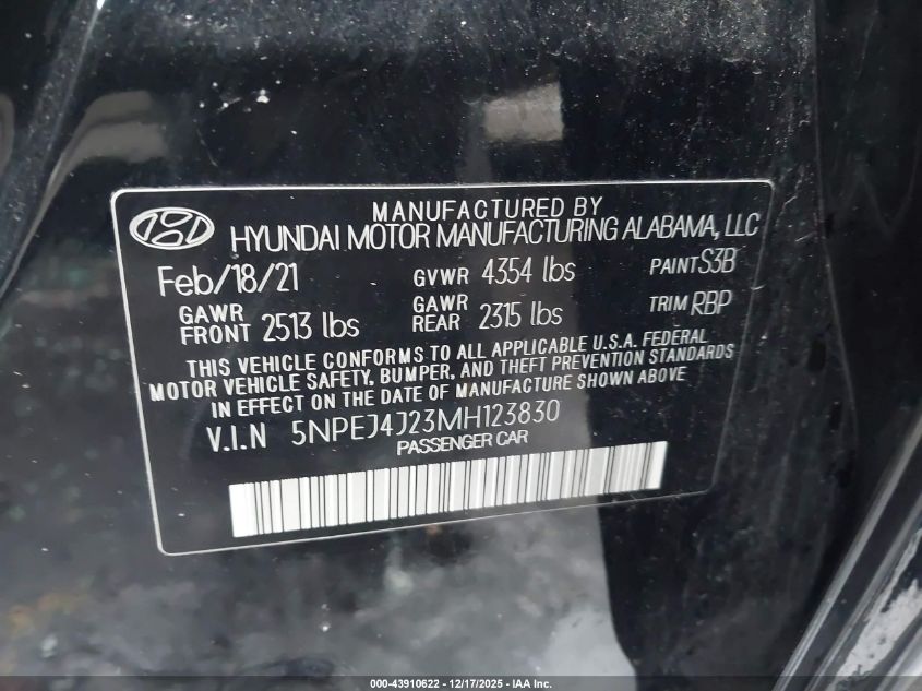 2021 Hyundai Sonata Sel Plus VIN: 5NPEJ4J23MH123830 Lot: 43910622