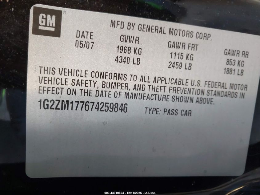 2007 Pontiac G6 Gtp VIN: 1G2ZM177674259846 Lot: 43910624