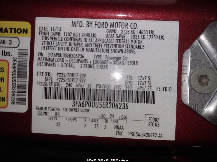 2014 Ford Fusion Hybrid S VIN: 3FA6P0UU5ER206236 Lot: 43910630