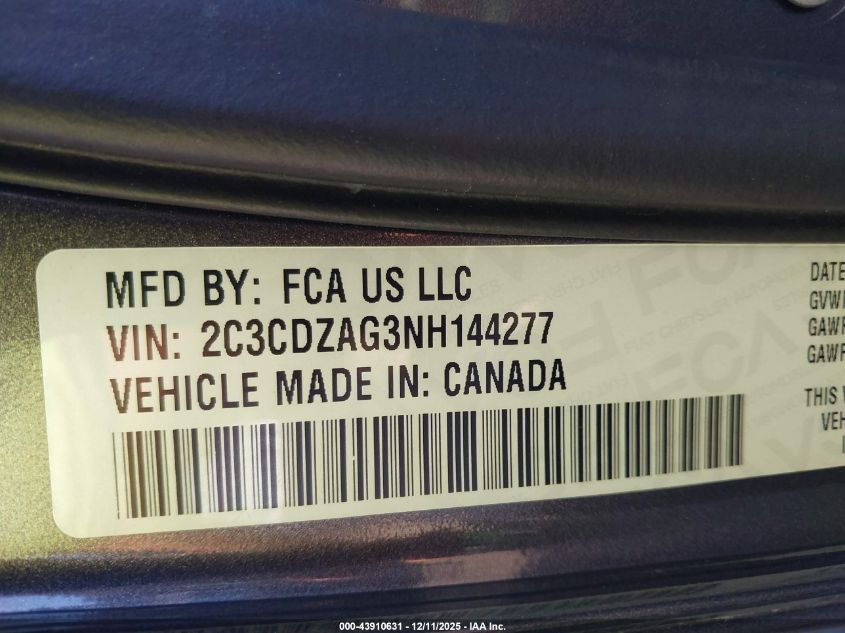 2022 Dodge Challenger Sxt VIN: 2C3CDZAG3NH144277 Lot: 43910631