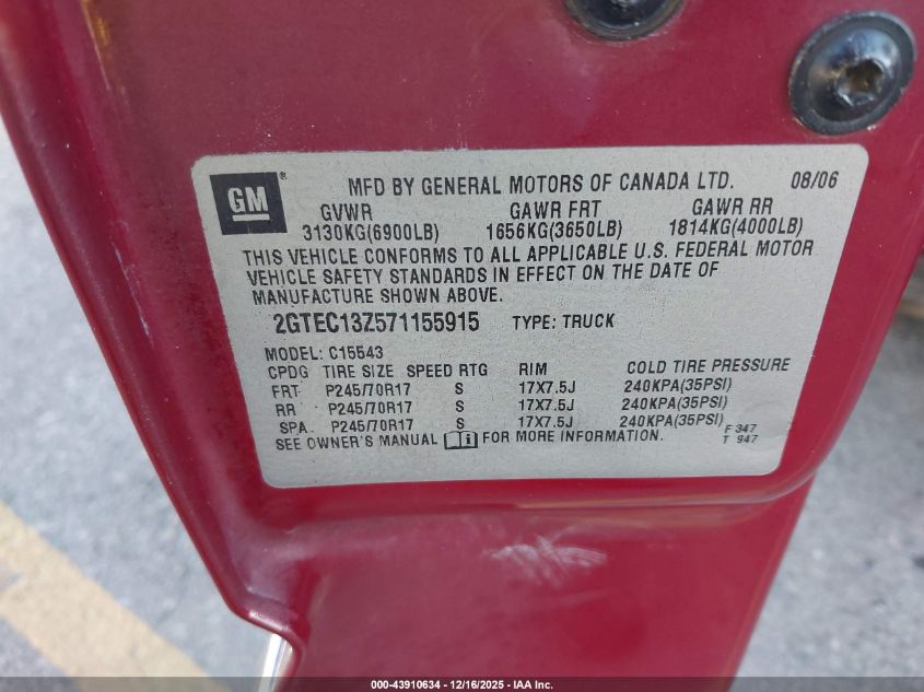 2007 GMC Sierra 1500 Classic Sle1 VIN: 2GTEC13Z571155915 Lot: 43910634