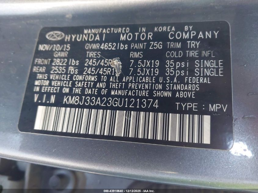 2016 Hyundai Tucson Limited VIN: KM8J33A23GU121374 Lot: 43910640