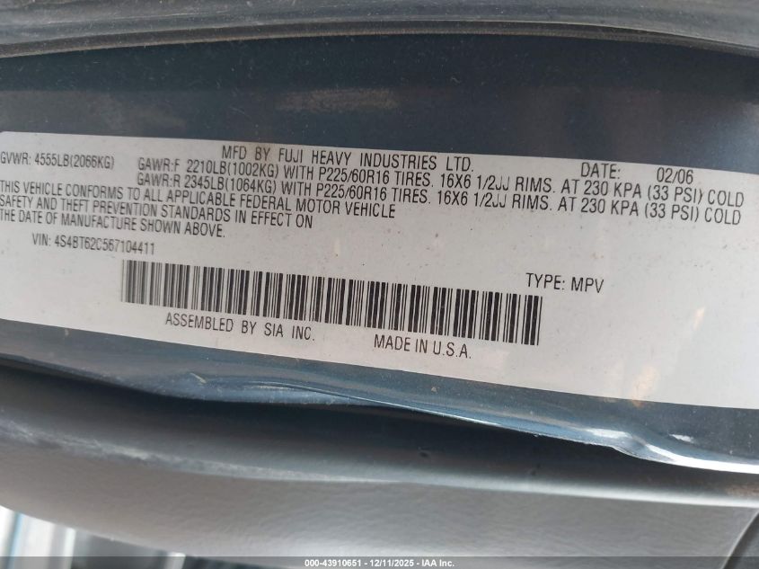 2006 Subaru Baja Sport VIN: 4S4BT62C567104411 Lot: 43910651