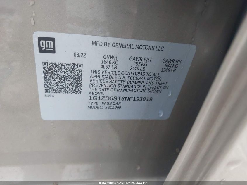 2022 Chevrolet Malibu Fwd Lt VIN: 1G1ZD5ST3NF193919 Lot: 43910657