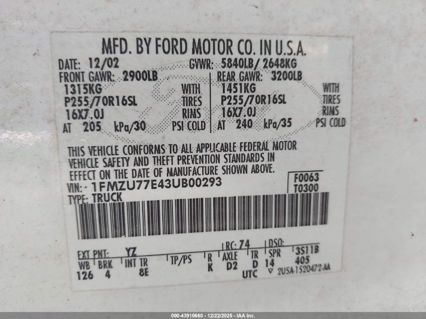 2003 Ford Explorer Sport Trac Xls/Xlt VIN: 1FMZU77E43UB00293 Lot: 43910660